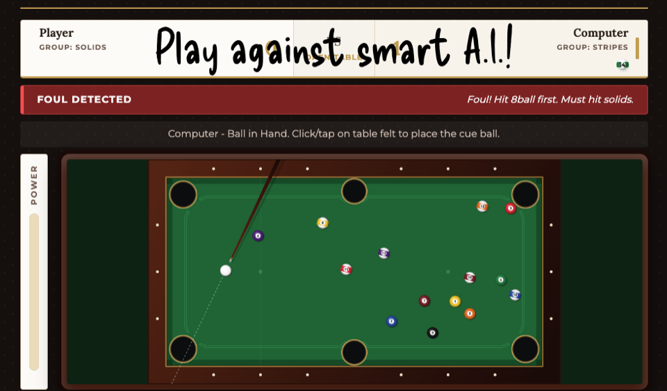 The Billiards Club 8-ball match vs computer AI with foul detected and ball-in-hand placement