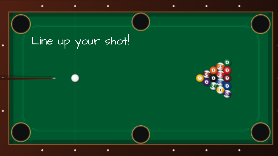 The Billiards Club opening break shot with cue ball aimed at racked pool balls
